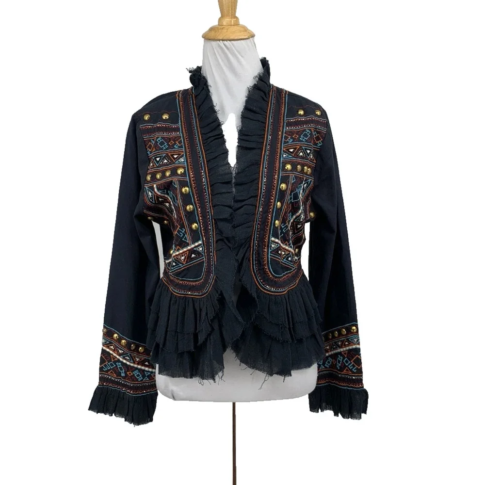 Love Sam Jacket Women M Medium Black Embellished Ruffle Open Front Anthropologie